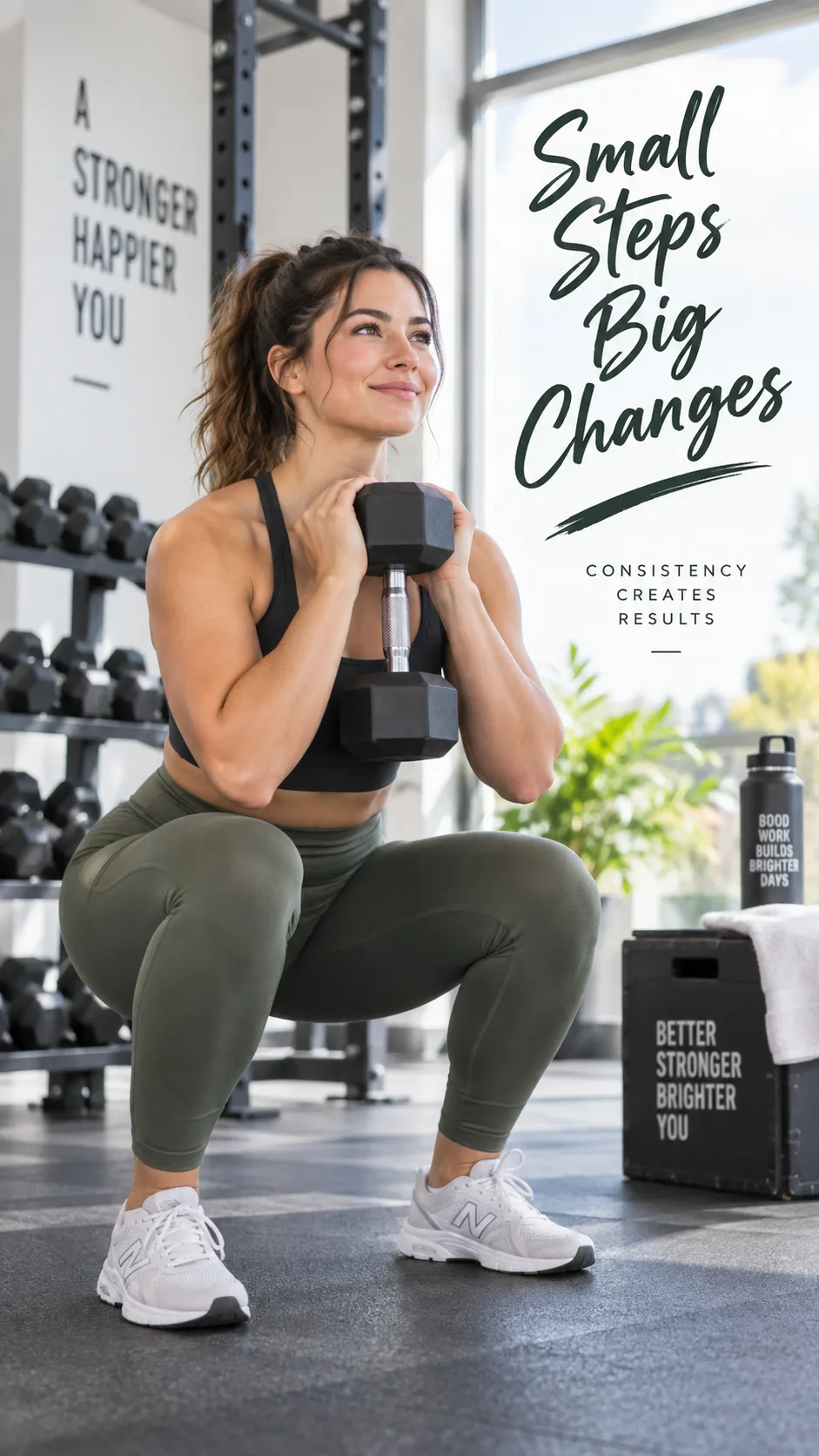 Beginner woman in a modern gym performing a goblet squat with a dumbbell, wearing athletic clothes, bright natural lighting, motivational fitness photography