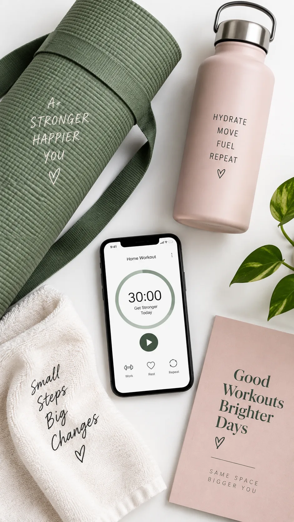 A collage-style flat lay showing a yoga mat, water bottle, and phone with a timer app on a clean white surface, representing a minimal home workout setup