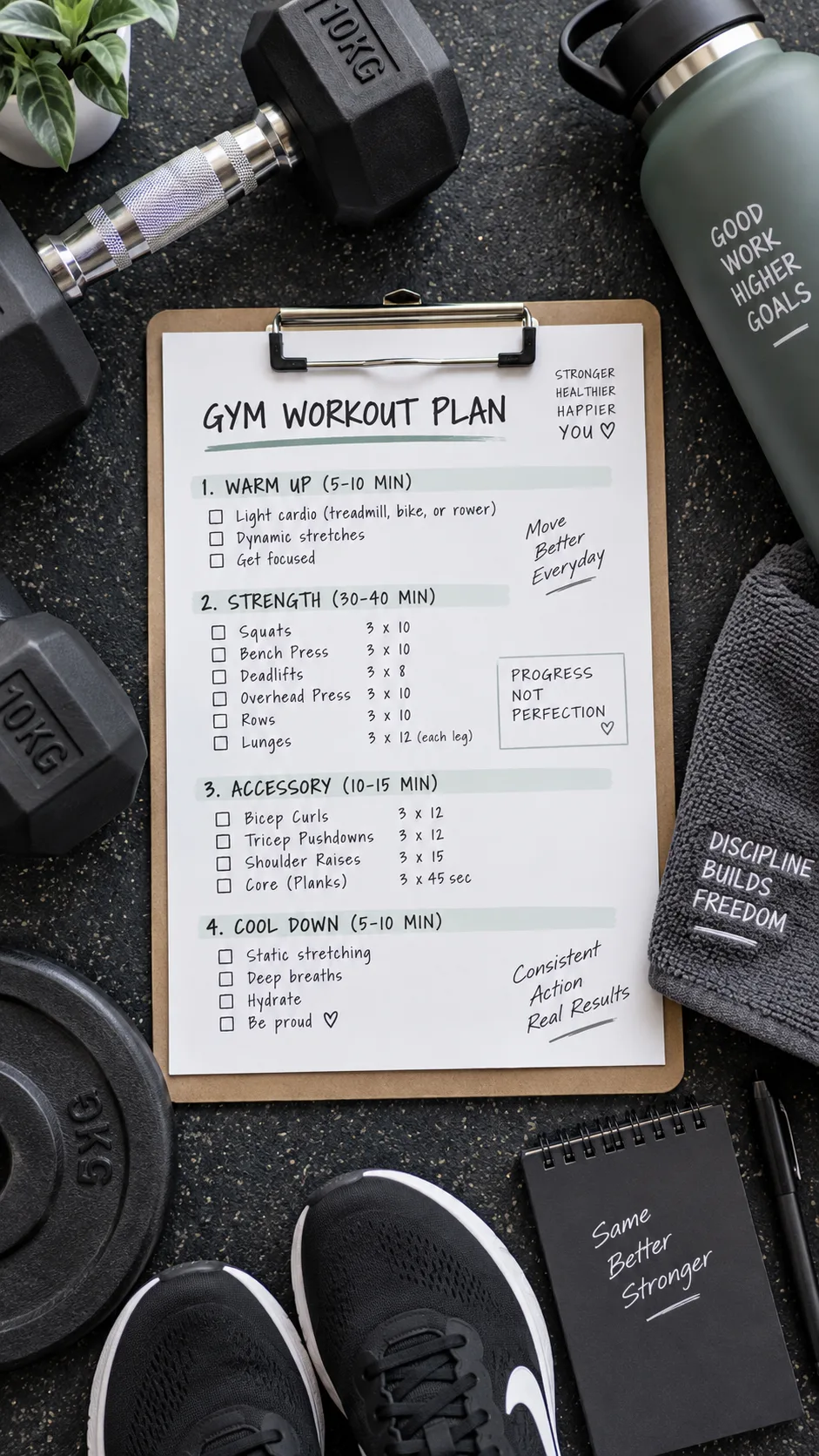 Overhead view of a gym workout plan written on a clipboard next to dumbbells and a water bottle, clean modern aesthetic, fitness flat lay photography