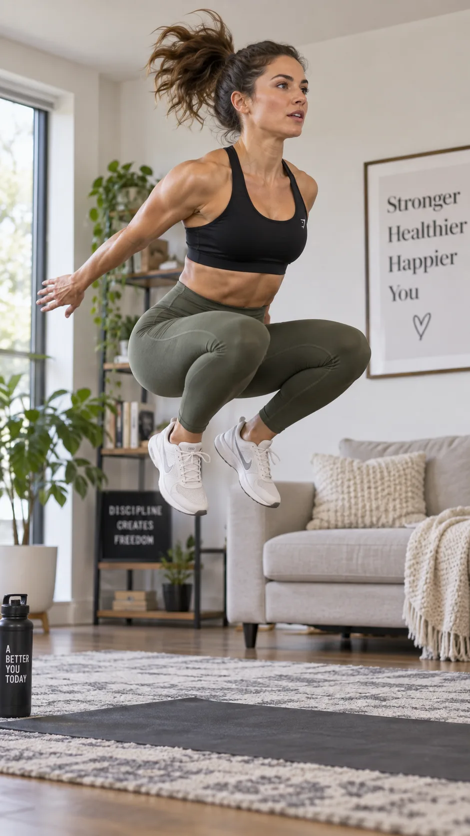 A woman mid-air performing a jump squat in a living room, athletic wear, great form, both feet off the ground, arms slightly back for balance, natural lighting, action shot capturing explosive movement