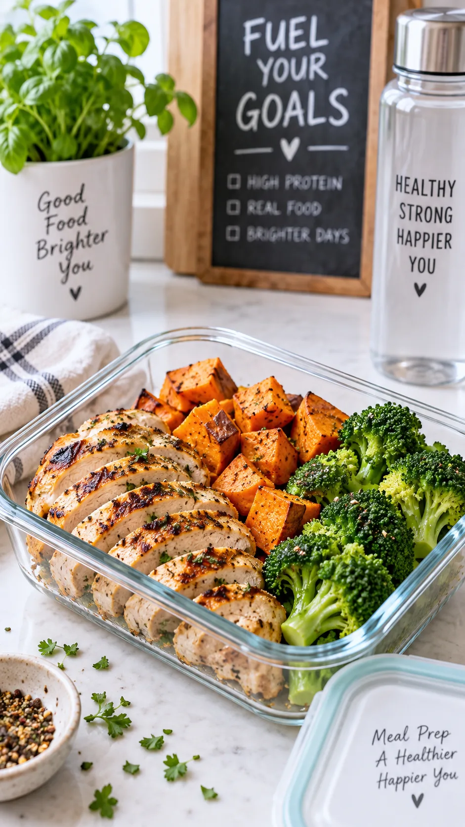 Healthy high-protein meal in a glass container with grilled chicken, sweet potato, and steamed broccoli, meal prep photography, bright kitchen setting