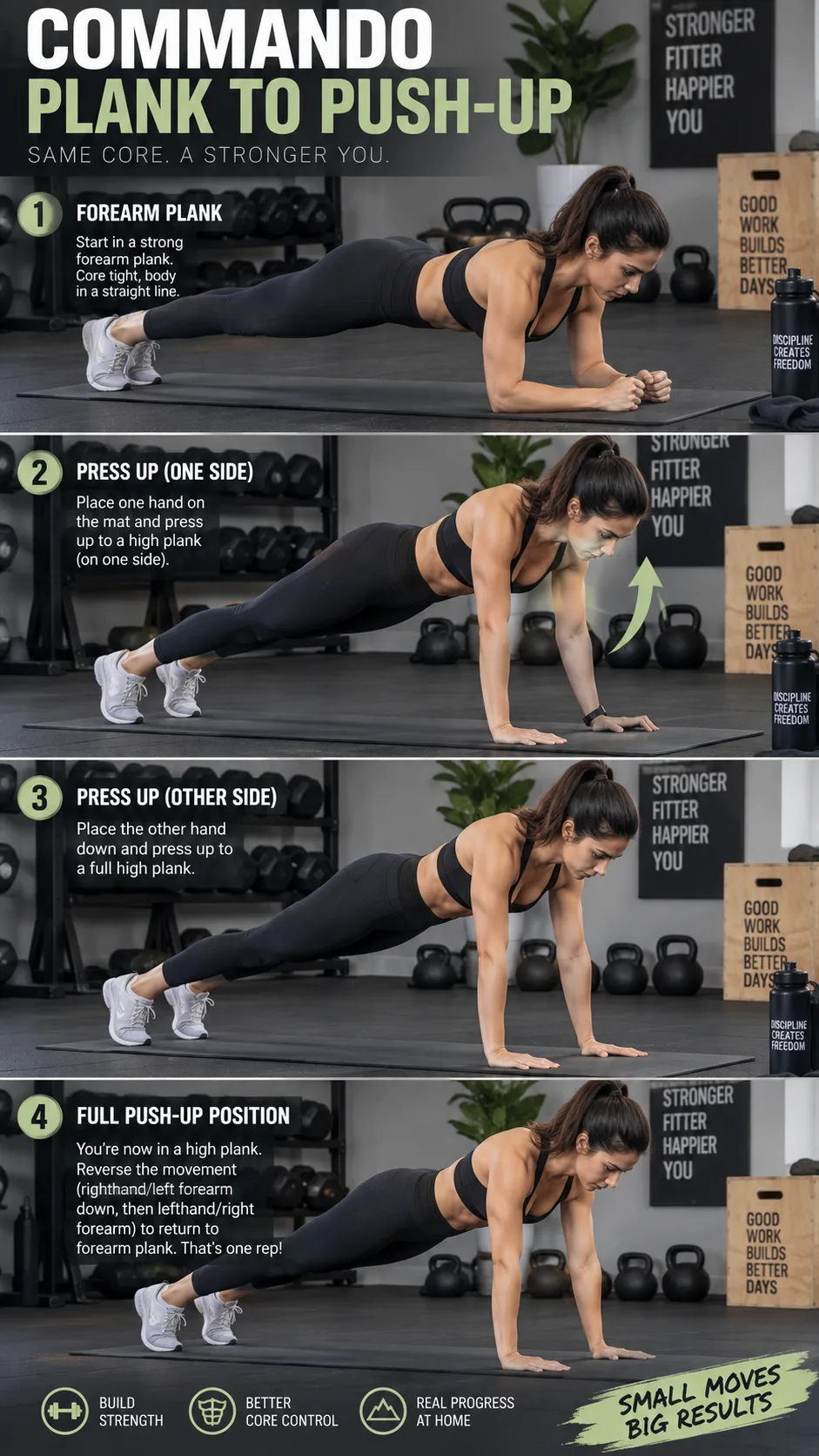 Sequential demonstration of a commando plank-to-push-up exercise showing forearm plank transitioning to full push-up position, athletic person on exercise mat in home gym, side angle photography