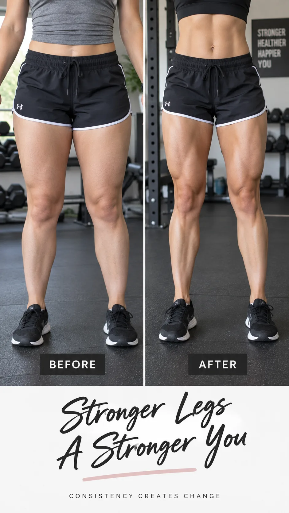 Before and after comparison concept photo of strong toned legs in athletic shorts, gym setting, natural lighting, fitness transformation photography