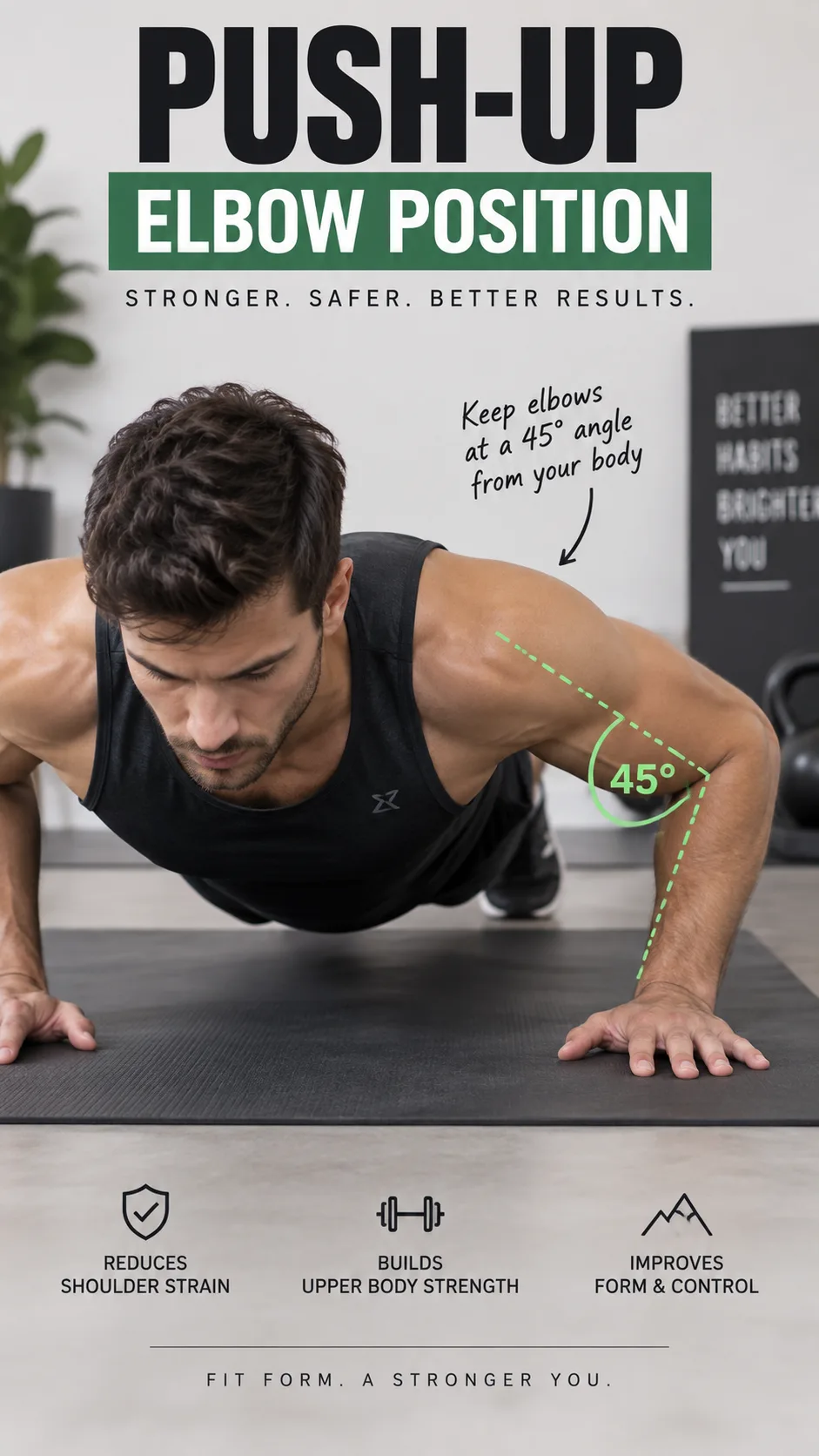 Close-up of proper push-up elbow position showing 45-degree angle from body, person on exercise mat demonstrating correct form, instructional fitness photography style, clean background