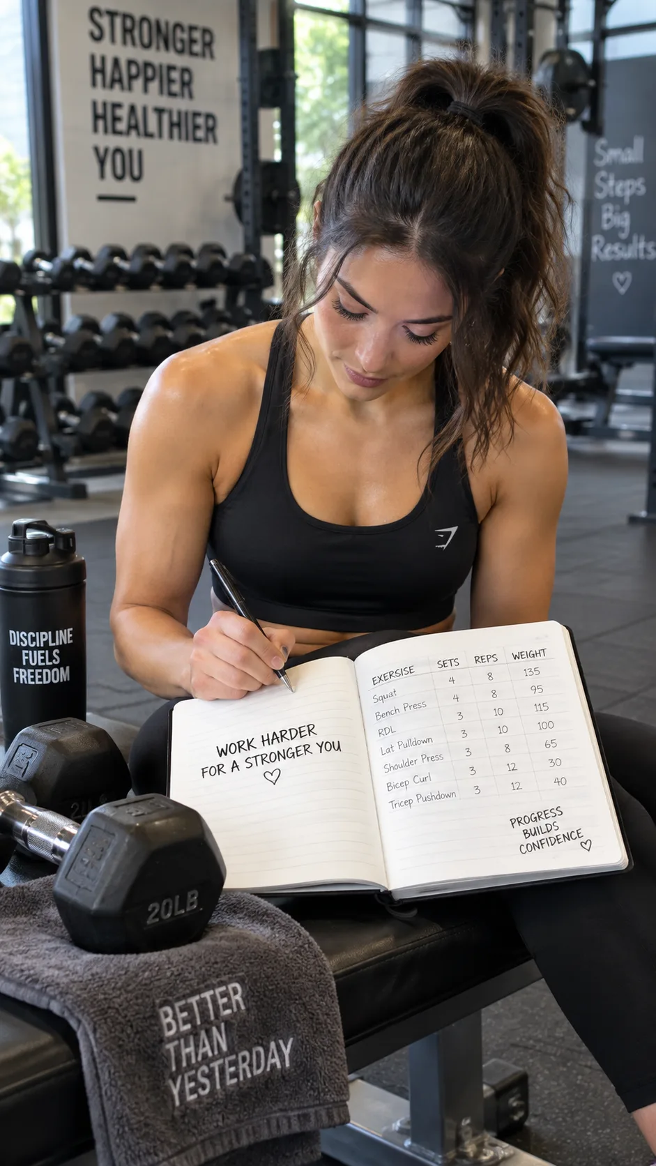 Woman writing in a gym workout journal next to dumbbells, tracking her sets and reps, focused and motivated, gym background, natural lighting