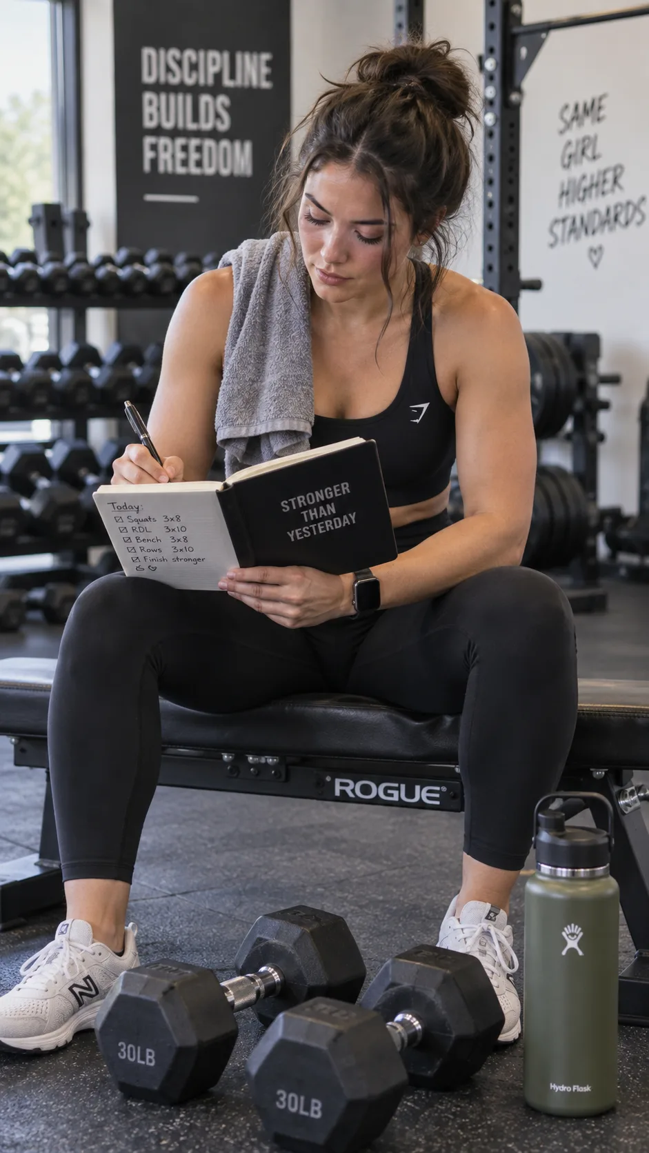 A woman writing in a workout journal at the gym between sets, pen in hand, water bottle nearby, dumbbells on the floor, candid and authentic gym moment