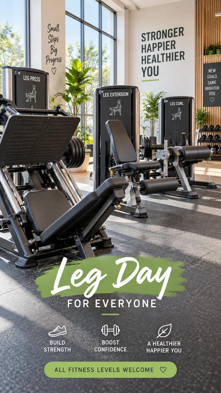Bright modern gym interior showing a row of leg workout machines including leg press, leg extension, and leg curl machines, with natural lighting and a clean welcoming atmosphere for beginners