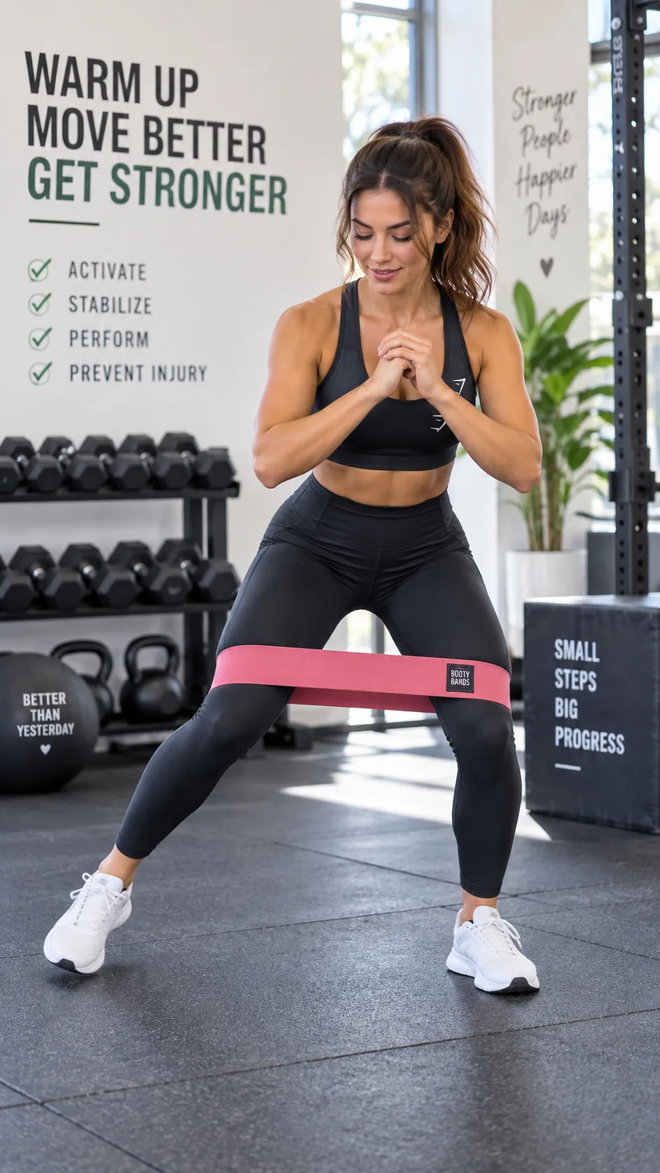 A woman performing banded lateral walks in a gym setting as a warm-up exercise, wearing resistance band around knees, athletic clothing, bright gym environment, fitness photography
