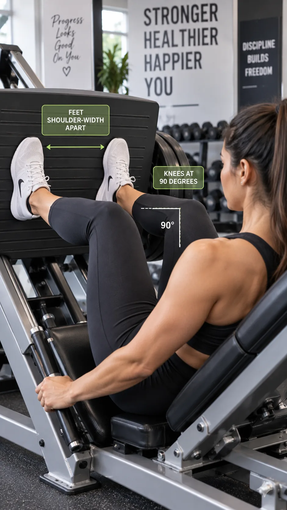 Close-up of a woman using a leg press machine with proper form, feet shoulder-width apart on the platform, knees at 90 degrees, in a well-lit gym setting