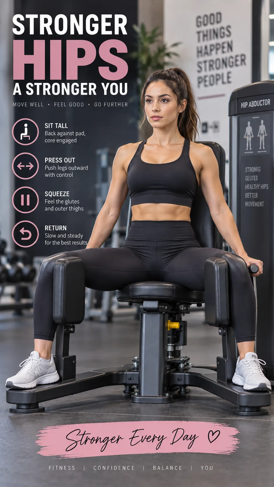 Woman performing hip abductor exercise on gym machine, pushing legs outward against padded resistance, demonstrating proper upright posture and controlled movement