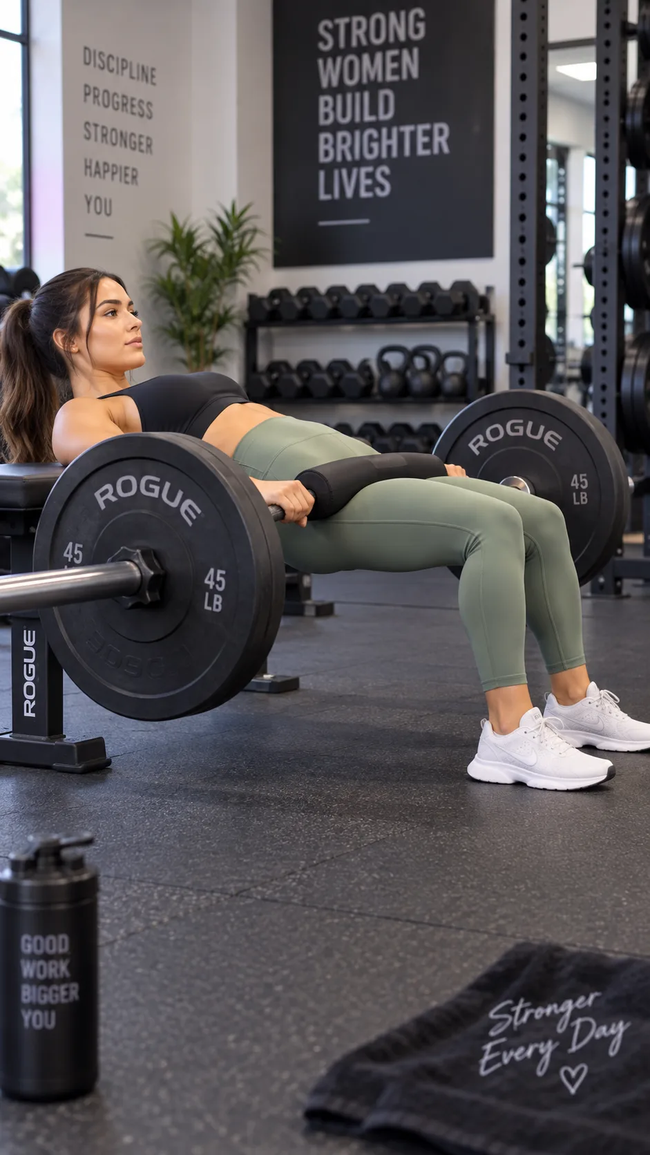 A woman performing a barbell hip thrust exercise in a gym with her upper back on a bench, demonstrating proper form at the top position with hips fully extended, gym setting, fitness photography