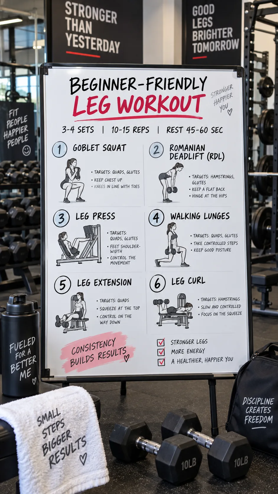 Fitness infographic-style photograph showing a beginner-friendly leg workout routine written on a whiteboard in a gym, with dumbbells and machines visible in the background