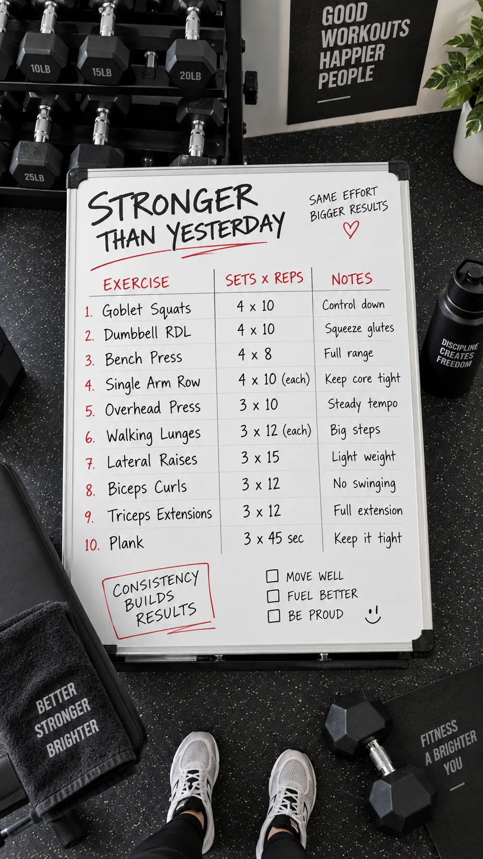 Workout plan written on a whiteboard in a gym, listing exercises with sets and reps, dumbbells visible in background, clean organized gym aesthetic, overhead angle photography