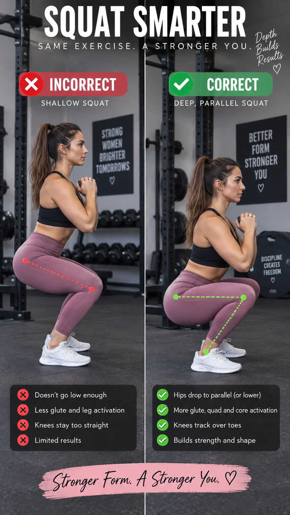 A split image showing incorrect vs correct squat form for women, shallow squat on one side and deep parallel squat on the other, clear comparison, gym setting, instructional fitness photography