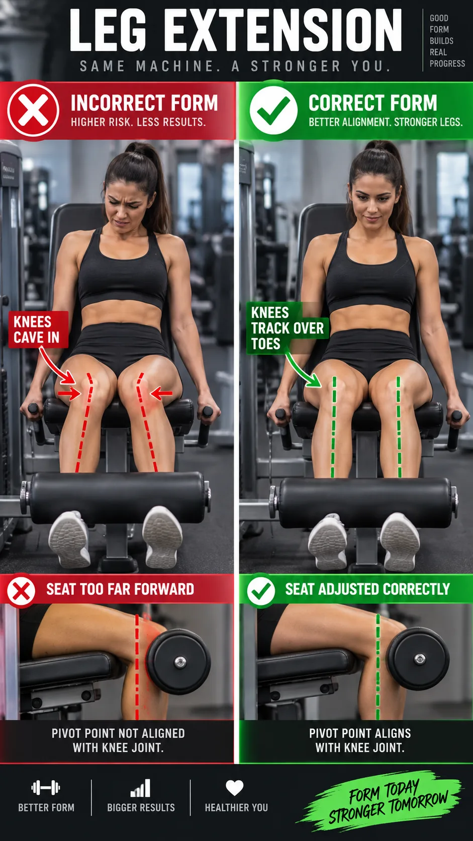 Split image comparison showing incorrect versus correct form on a leg extension machine, with clear visual indicators of proper knee alignment and seat adjustment
