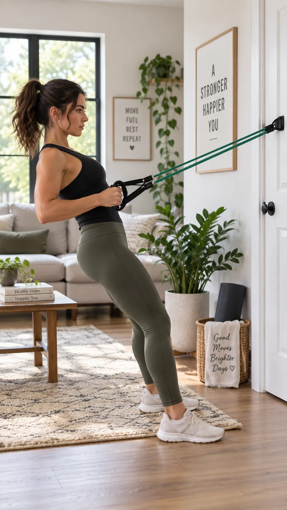 Woman doing resistance band rows attached to a door anchor in a living room, home workout setting, minimalist interior, focused expression, natural daylight streaming through windows