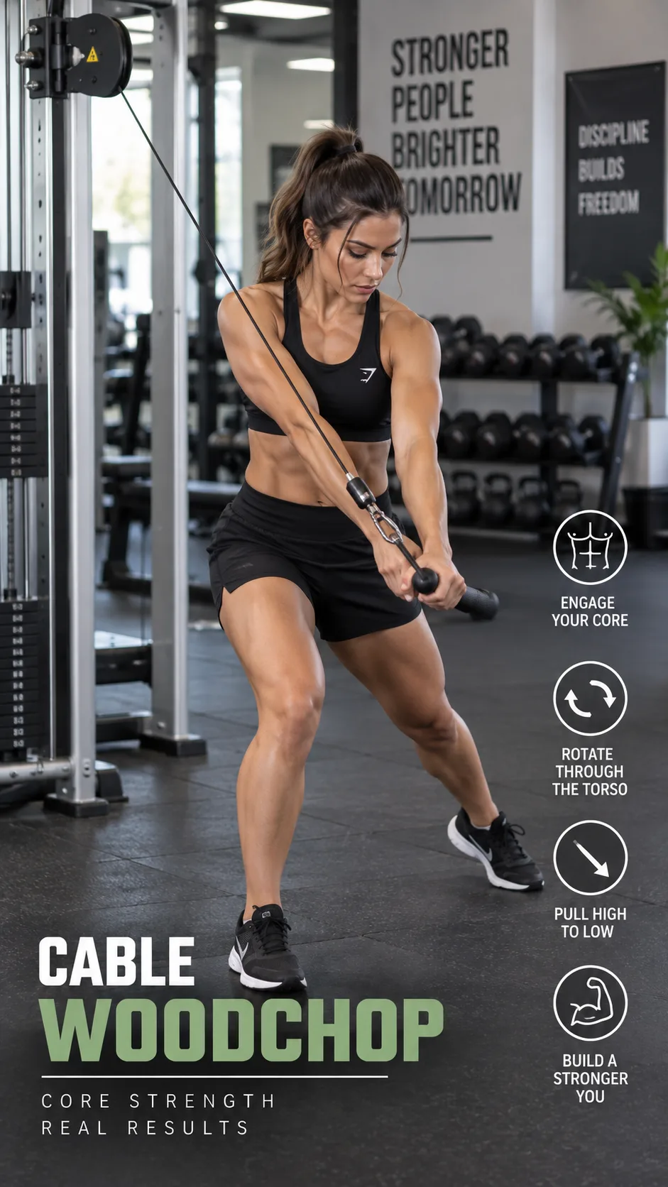 Athletic person performing a high-to-low cable woodchop exercise at a cable machine in a well-lit gym, showing proper rotational form with engaged core