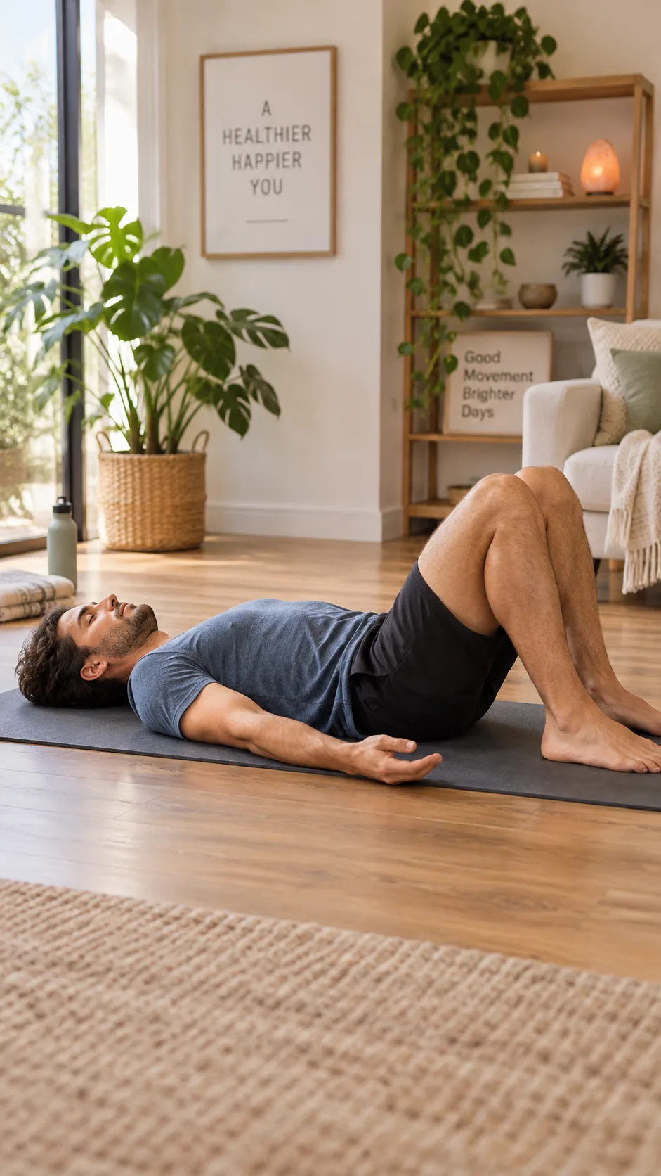 Man lying on his back on a yoga mat in a comfortable relaxed position, knees bent, feet flat on floor, calm home environment, soft natural lighting, fitness and wellness photography