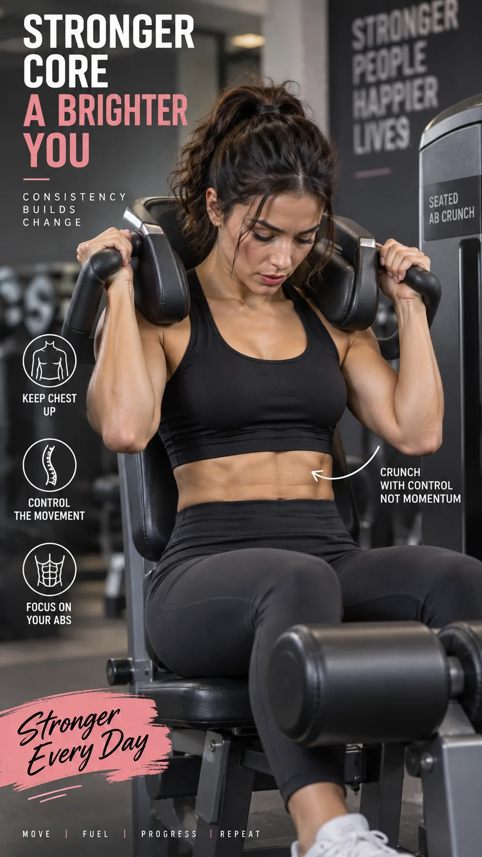 Close-up of a person using a seated ab crunch machine in a gym, demonstrating proper form with controlled movement and focused expression