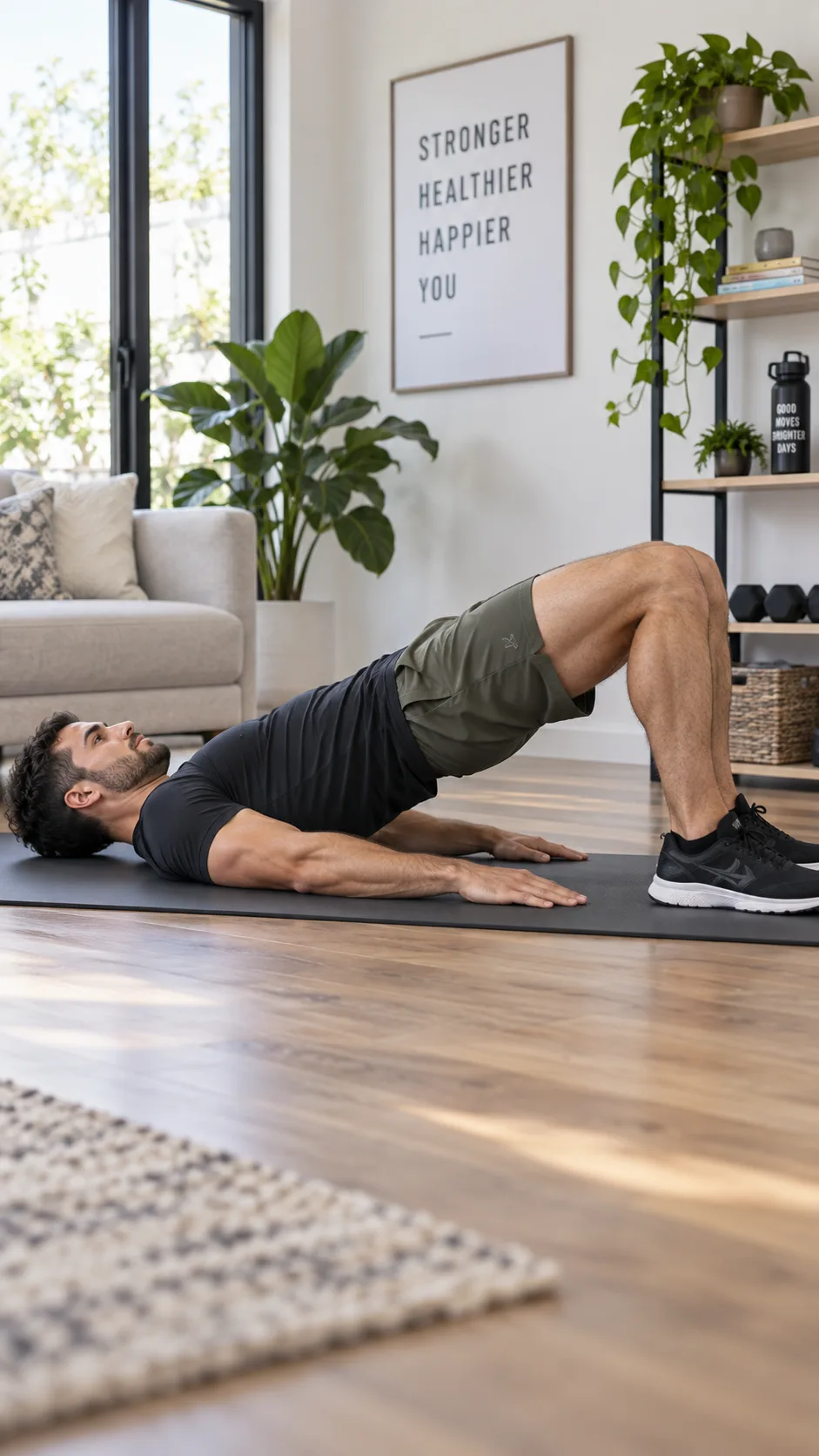 Athletic man performing a glute bridge exercise on a yoga mat at home, hips raised, knees bent, feet flat on floor, side angle view, clean modern room, natural daylight, fitness photography