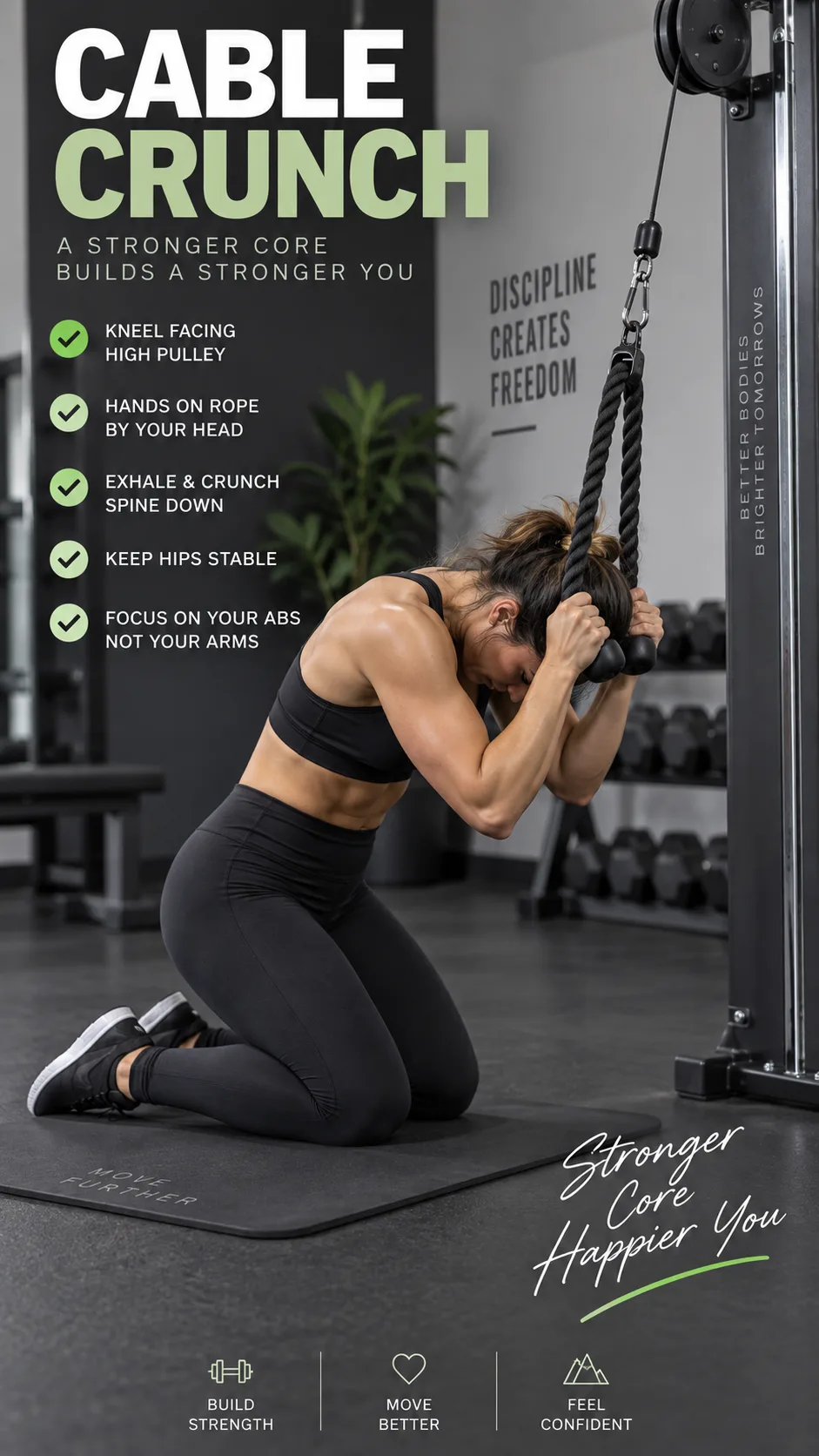 Person performing a kneeling cable crunch on a mat in front of a high cable pulley, demonstrating proper spinal flexion form with a rope attachment