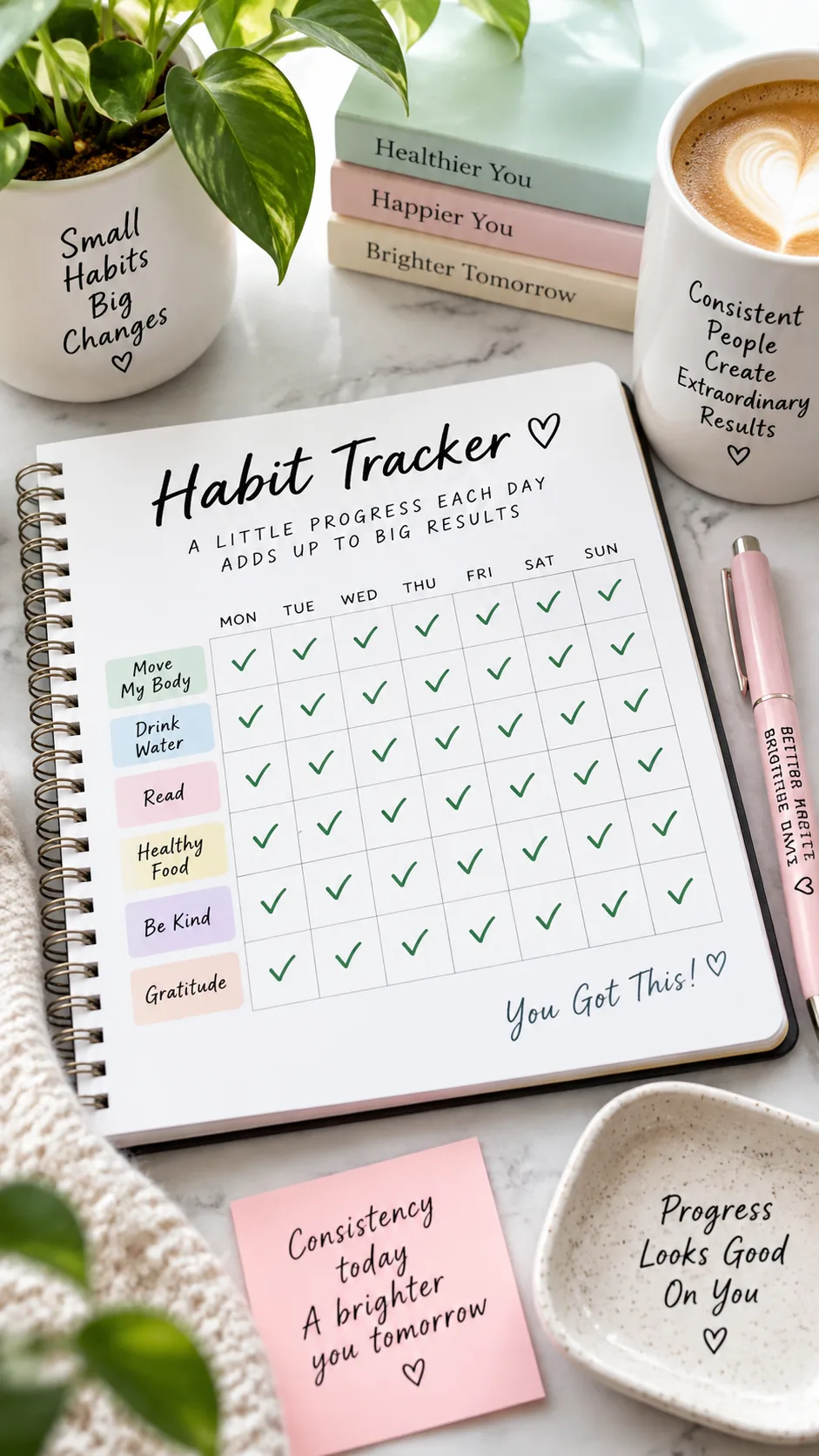 Calendar with checkmarks showing consistent daily habit tracking over several weeks, motivational progress concept, clean flat lay photography, bright and encouraging mood
