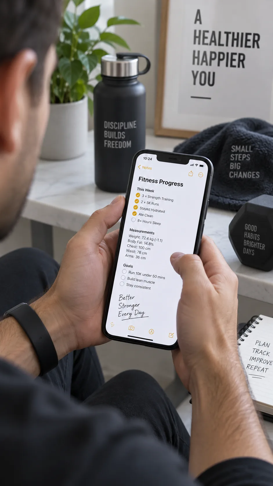 Man using smartphone notes app to track fitness progress, close-up of hands and phone screen, modern minimalist setting, soft natural light, lifestyle photography