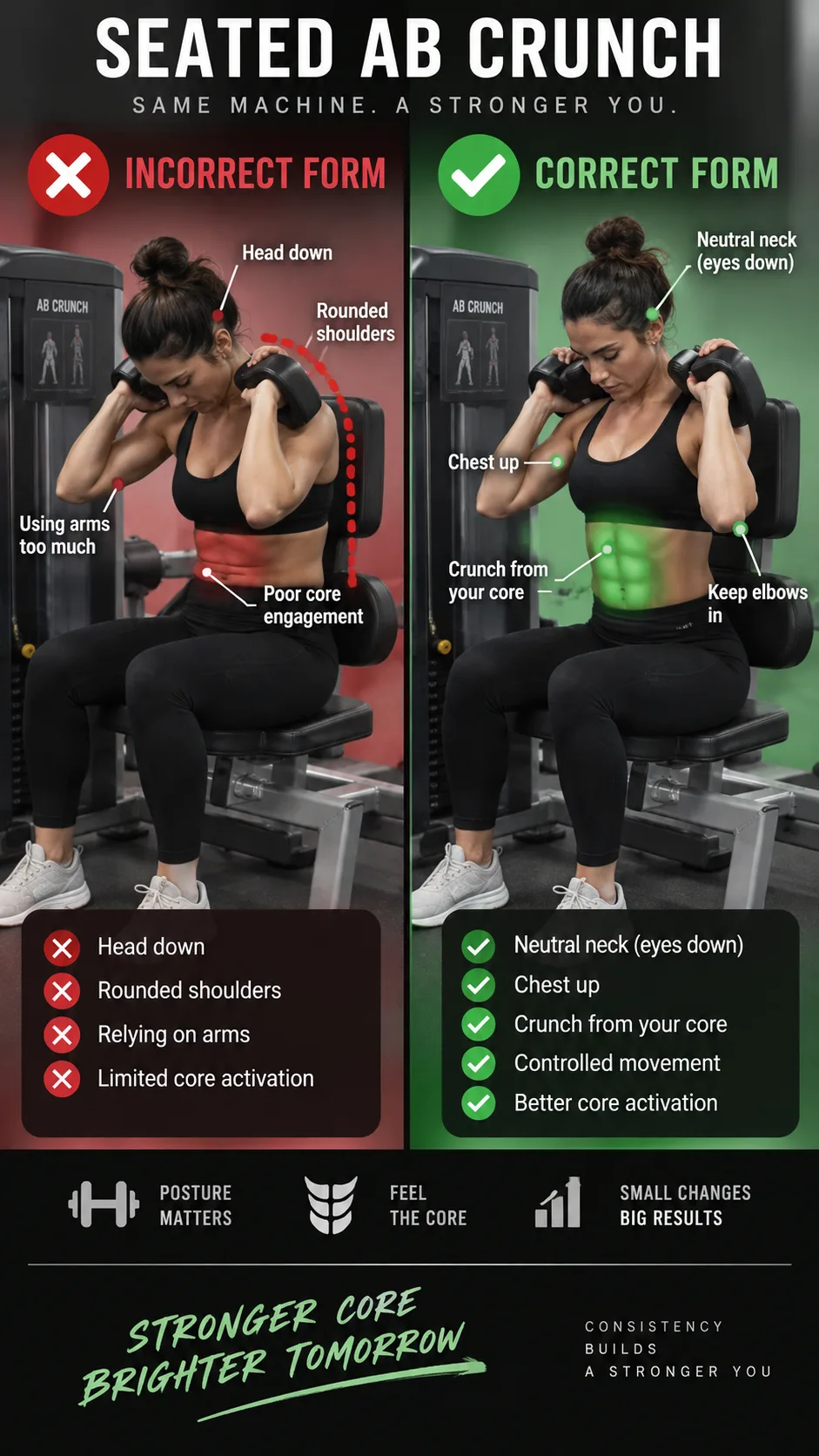 Split image showing incorrect versus correct form on a seated ab crunch machine, with visual emphasis on posture differences and core engagement
