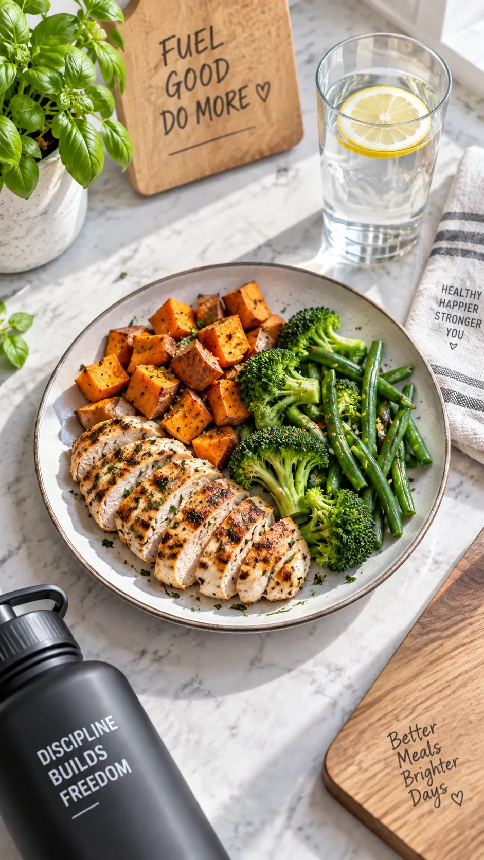 A healthy post-workout meal on a kitchen counter featuring grilled chicken, sweet potato, green vegetables, and a glass of water, natural daylight, clean modern kitchen setting, overhead perspective
