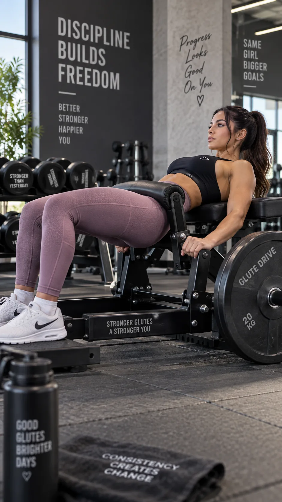 Fit woman in gym clothing performing a hip thrust on a machine in a modern, well-lit gym, photographed from a slight side angle showing glute engagement, motivational atmosphere