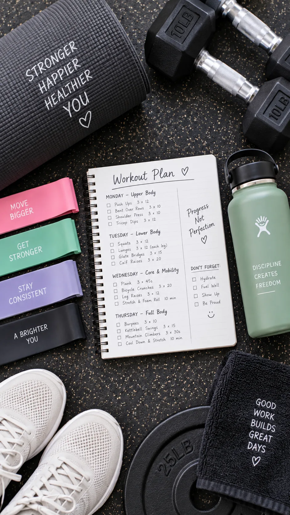 Overhead flat-lay style infographic-inspired photo of a gym floor with workout equipment arranged neatly, including resistance bands, a water bottle, and a workout plan notebook, bright clean lighting