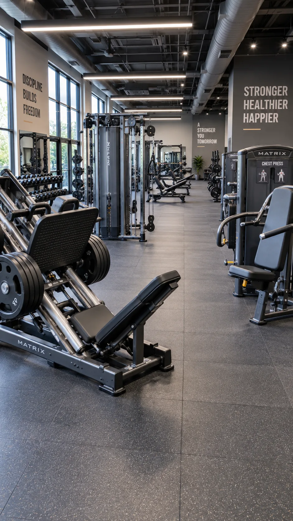 Wide-angle photograph of a modern gym floor showing rows of weight machines with clean lighting, no people, various machine types visible including leg press, cable machines, and chest press stations