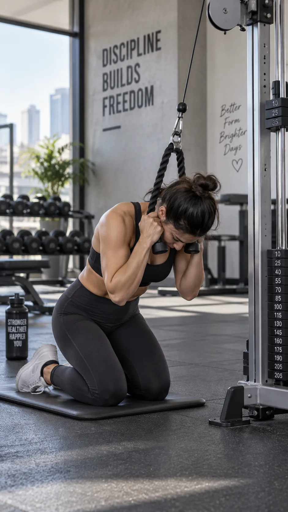 Photograph showing a person performing cable crunches on a cable machine, kneeling position, gym setting with natural light, demonstrating proper torso flexion form