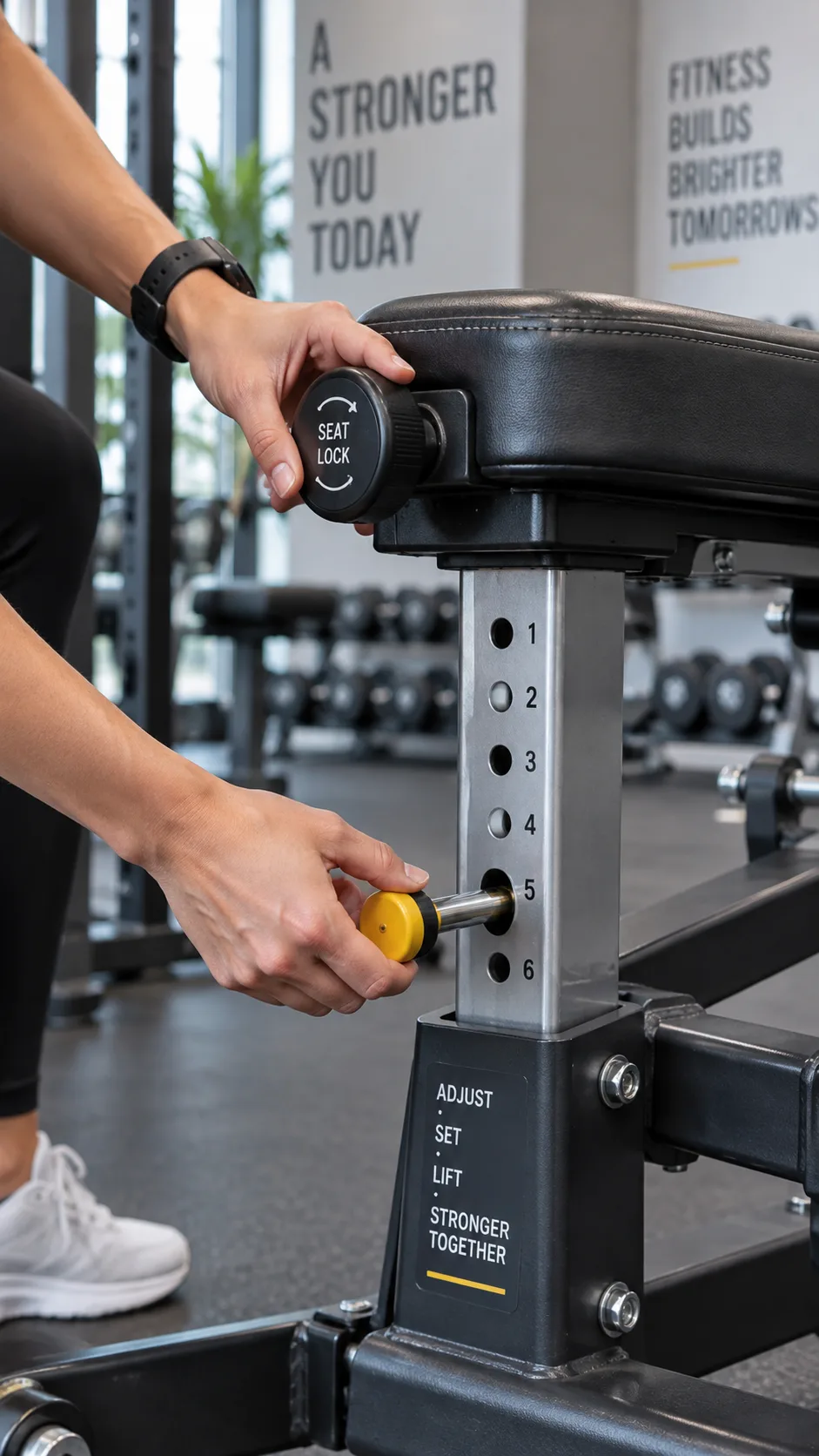 Photograph showing adjustment knobs and seat height mechanism on a gym machine, close-up detail shot with hands adjusting the settings, clean modern gym background