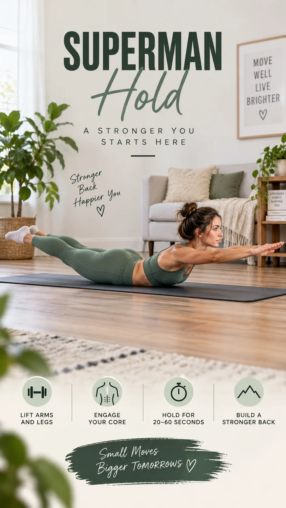 Woman performing a Superman hold exercise on a yoga mat, body lifted off the ground with arms extended forward, showing proper form from a side angle in a home setting