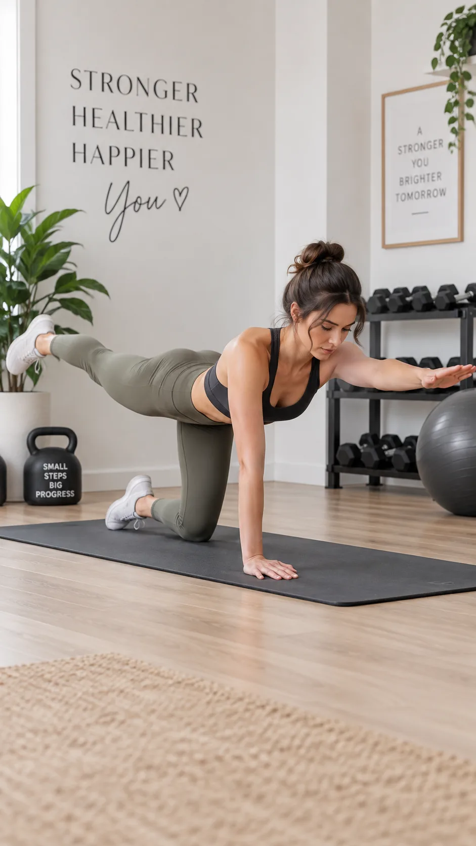 Woman demonstrating bird dog exercise on hands and knees on a yoga mat, right arm extended forward and left leg extended back, in a clean minimalist home gym space