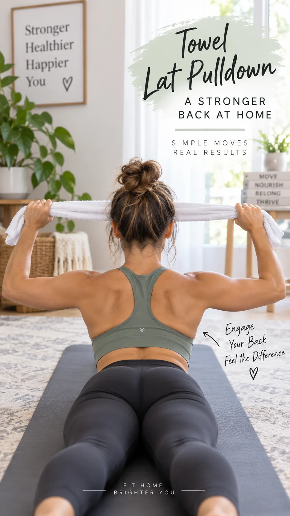 Woman lying face down on exercise mat performing a towel lat pulldown movement, pulling a white towel apart with both hands while engaging her back muscles, photographed in a bright home environment