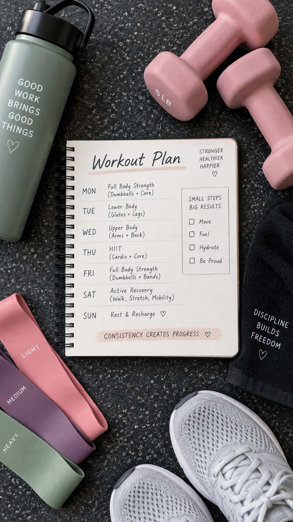Flat lay of a workout plan notebook, water bottle, resistance bands, and light dumbbells on a gym floor, top-down photography, clean and organized aesthetic