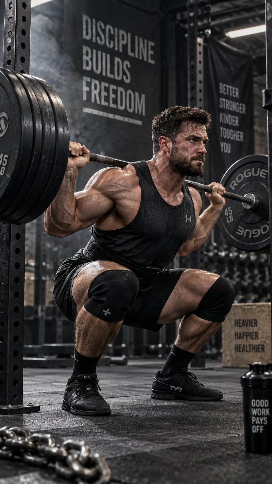 Muscular man in a gym performing a heavy barbell squat with focused expression, dramatic gym lighting, weight plates visible, gritty athletic photography style