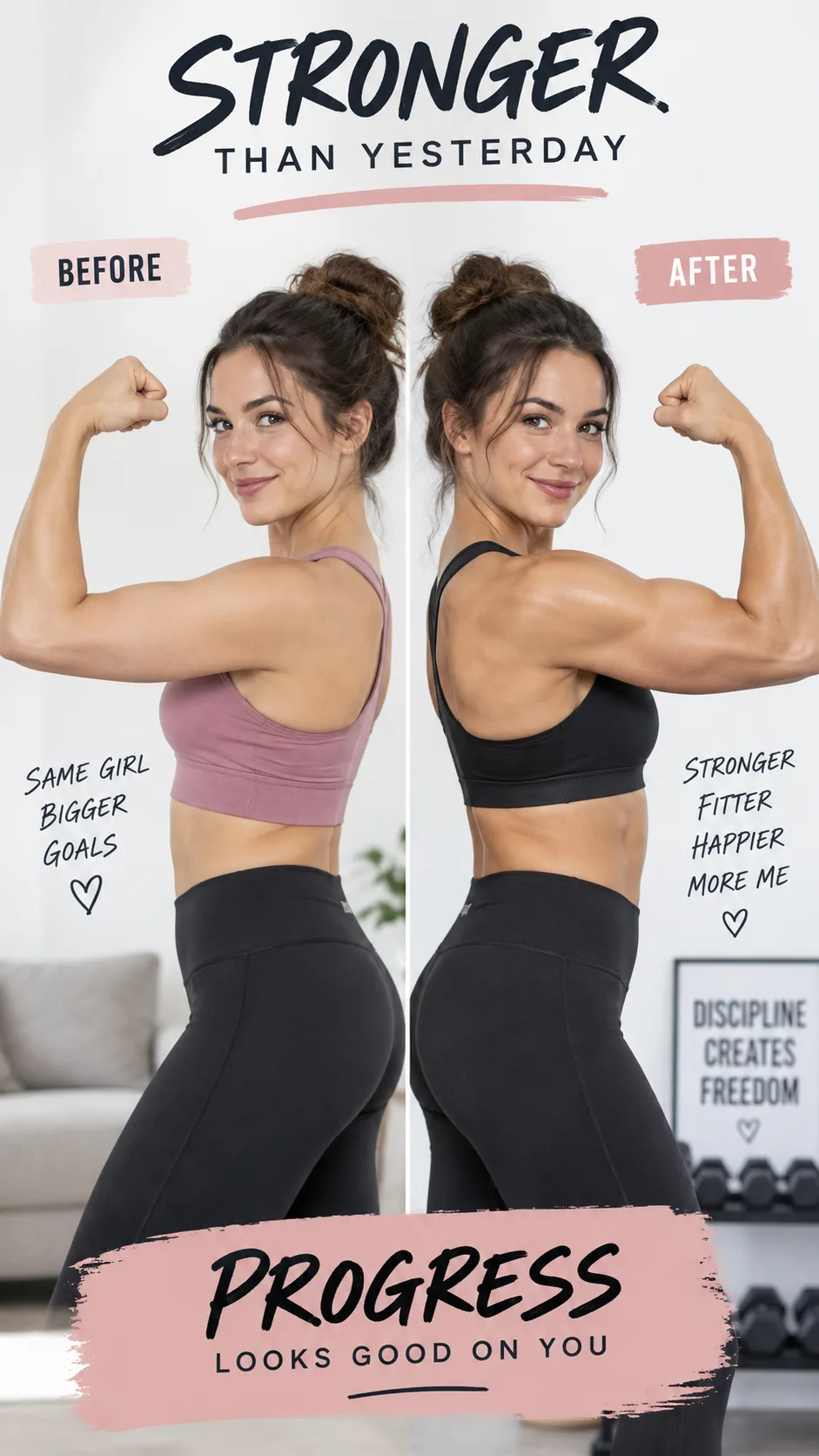 Before and after style comparison of a woman flexing her bicep, showing arm muscle development progress, bright clean background, empowering fitness photography