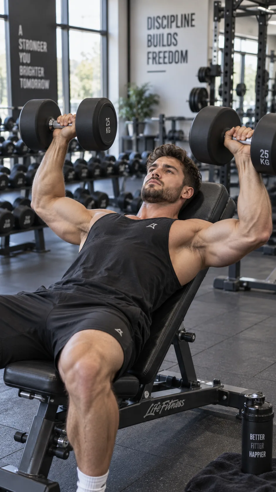 Man performing incline dumbbell press on a bench in a well-equipped gym, muscular physique, natural lighting, fitness photography style