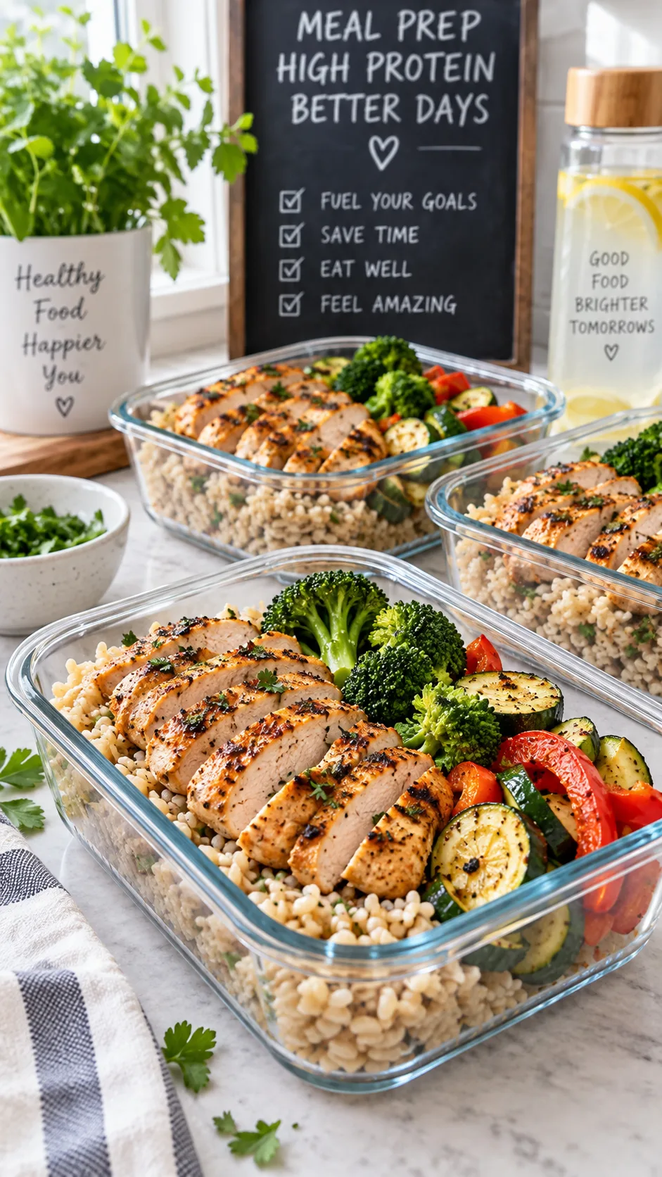 Healthy high-protein meal prep containers with grilled chicken, brown rice, and vegetables arranged on a kitchen counter, bright natural lighting, food photography