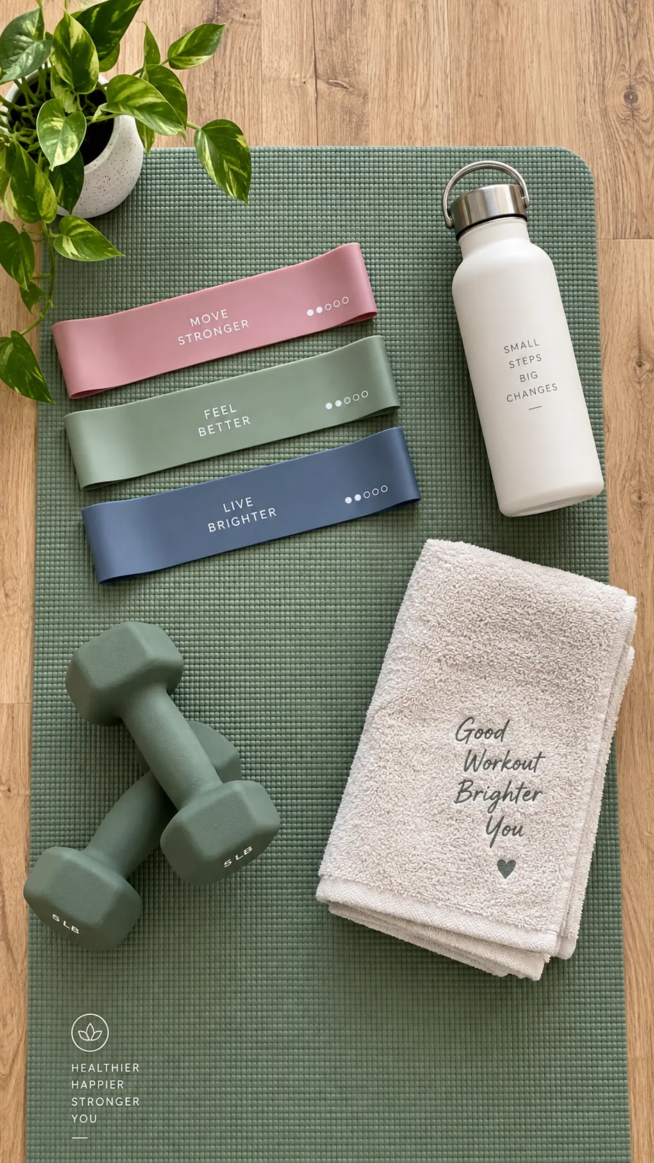 Flat lay of minimal home workout equipment on a yoga mat including resistance bands, water bottle, and towel, shot from above on a clean wooden floor