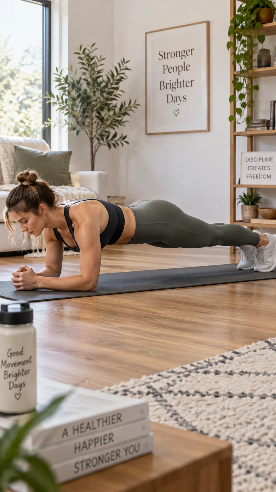 A person performing a plank exercise on a yoga mat in a home setting, side angle showing perfect plank form with straight body alignment, natural lighting