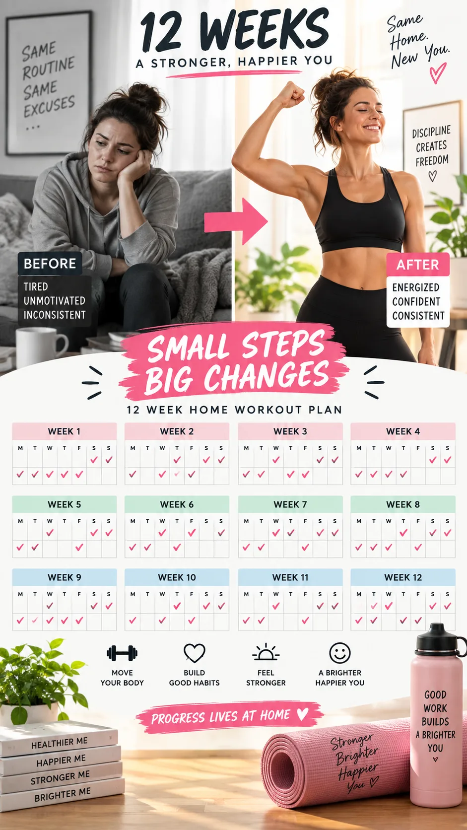 Before and after style split image concept showing a calendar with workout sessions marked over 12 weeks, motivational home fitness concept, bright and clean design