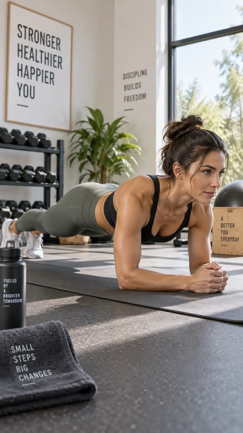 Fit woman in athletic wear performing a plank exercise on a yoga mat in a bright, modern home gym with natural light, photographed from a low side angle showing engaged core muscles