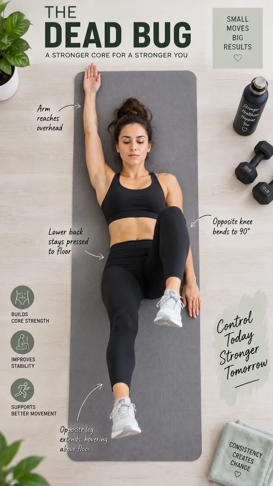 Woman performing dead bug exercise on a gray yoga mat, lying on her back with one arm extended overhead and opposite leg extended, demonstrating proper form with lower back pressed to floor, overhead angle photography
