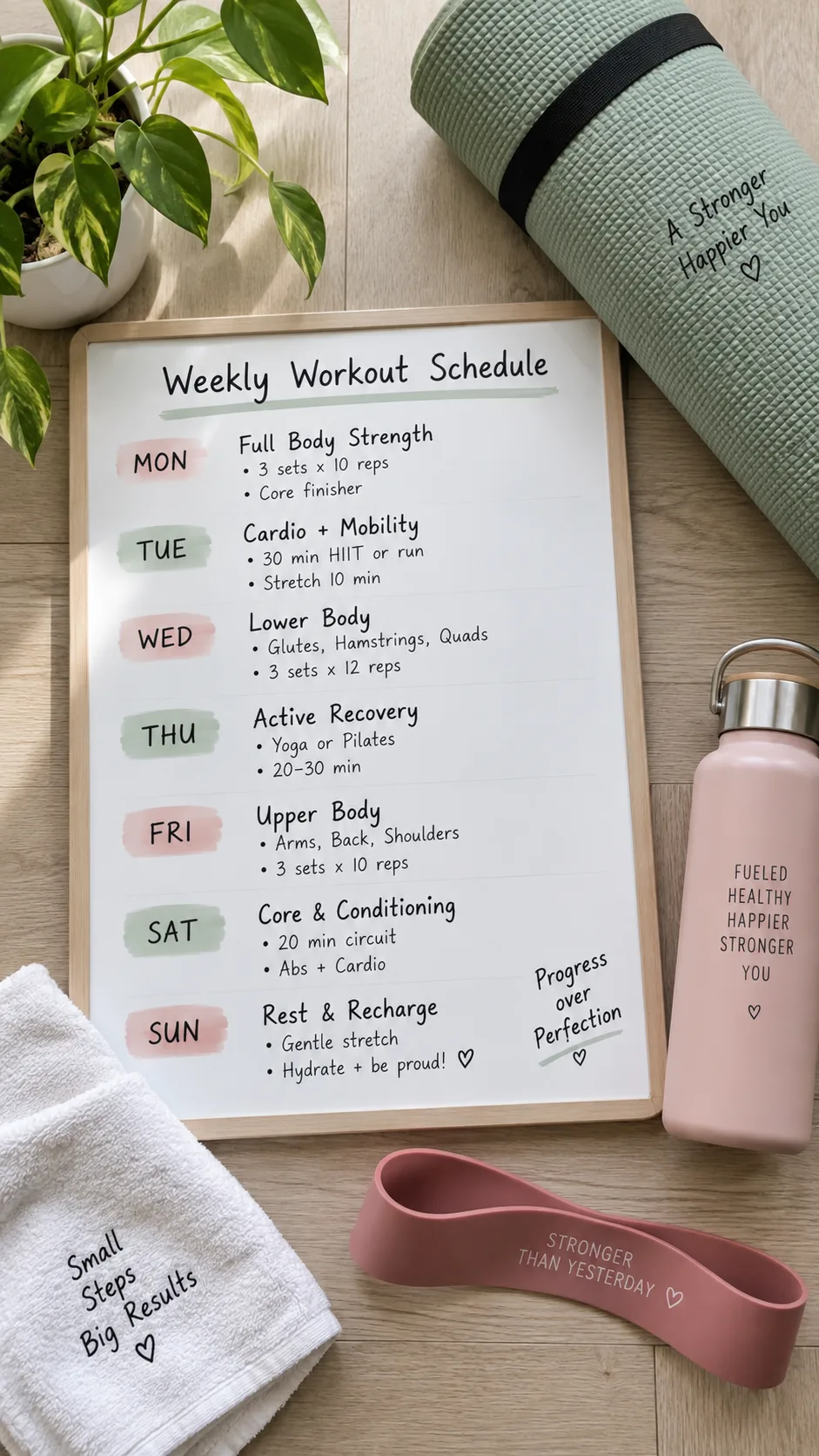Overhead flat lay of a weekly workout schedule written on a whiteboard next to a yoga mat, water bottle, resistance band, and small towel, clean and organized aesthetic with soft natural lighting