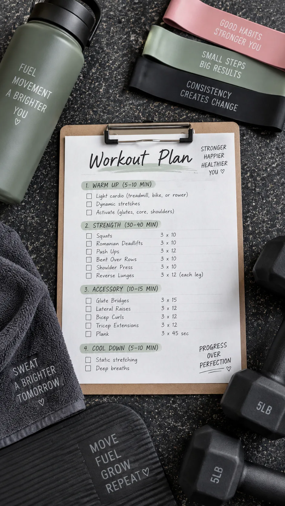 Overhead flat lay of a gym workout plan written on a clipboard next to a water bottle, resistance bands, and light dumbbells on a gym floor, clean aesthetic fitness photography