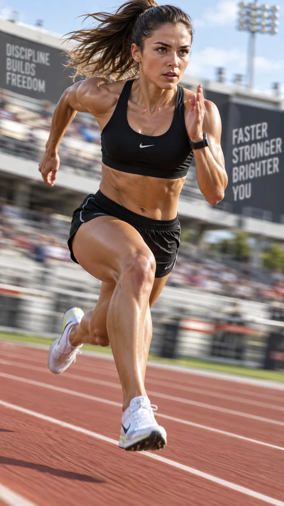 Woman doing sprint intervals on a track, athletic build, mid-stride showing powerful lean legs, outdoor stadium setting, action sports photography with motion blur background